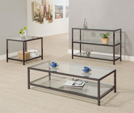 Trini Black Nickel Sofa Table with Glass Shelf by Coaster at Eve Furniture