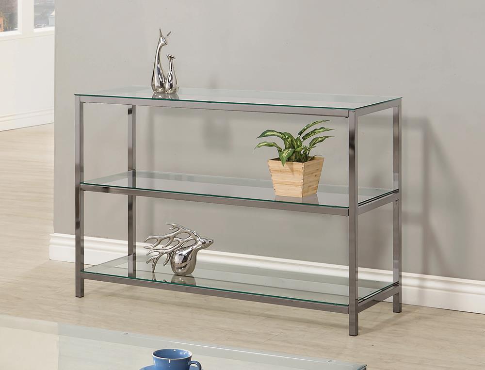 Trini Black Nickel Sofa Table with Glass Shelf by Coaster at Eve Furniture
