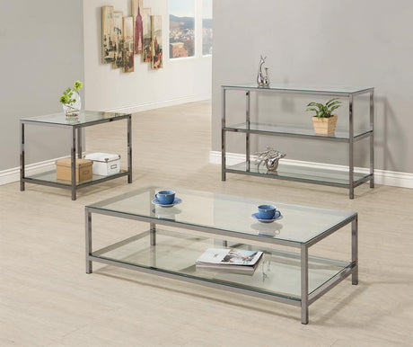 Trini Black Nickel Coffee Table with Glass Shelf