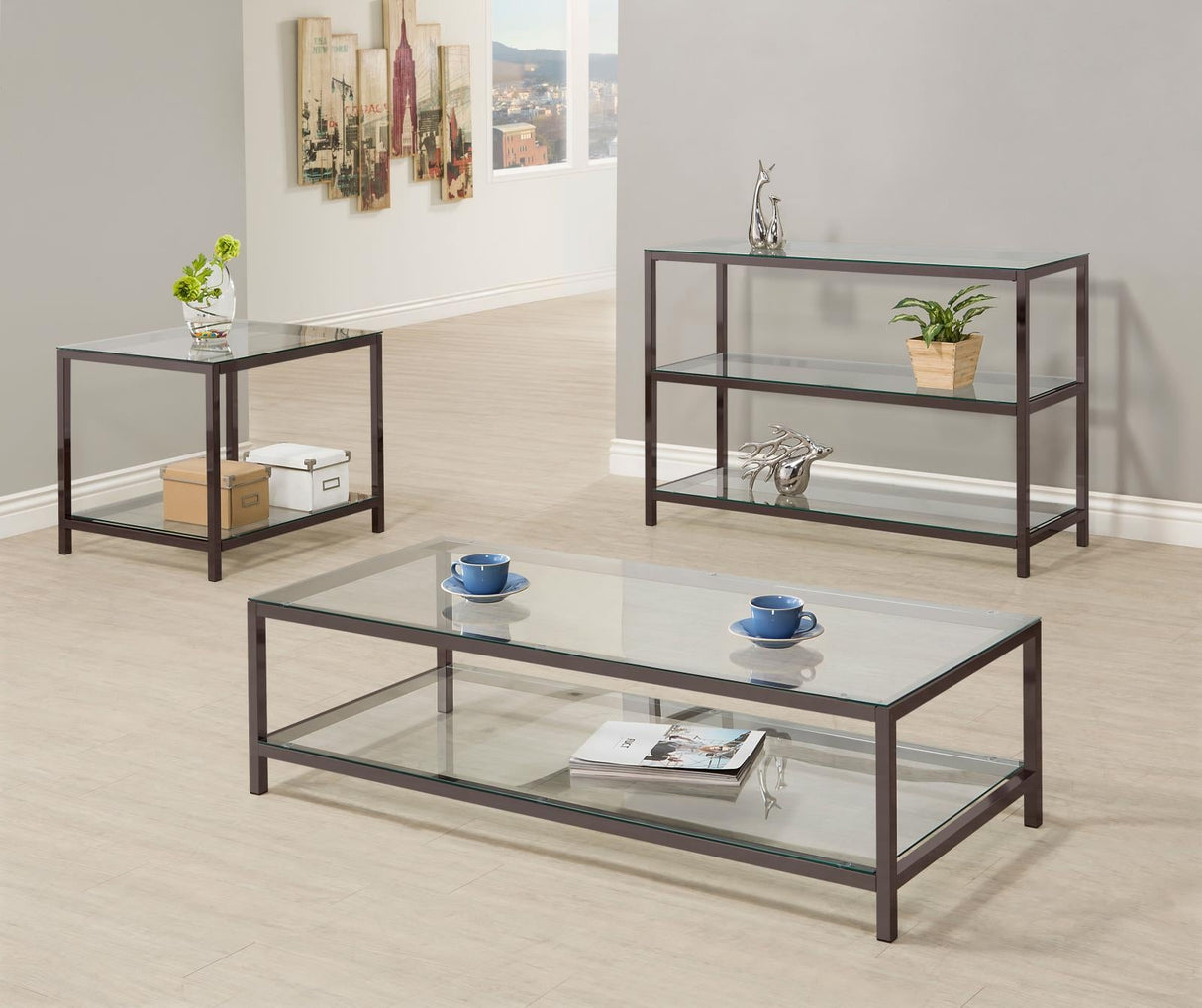 Trini Black Nickel Coffee Table with Glass Shelf