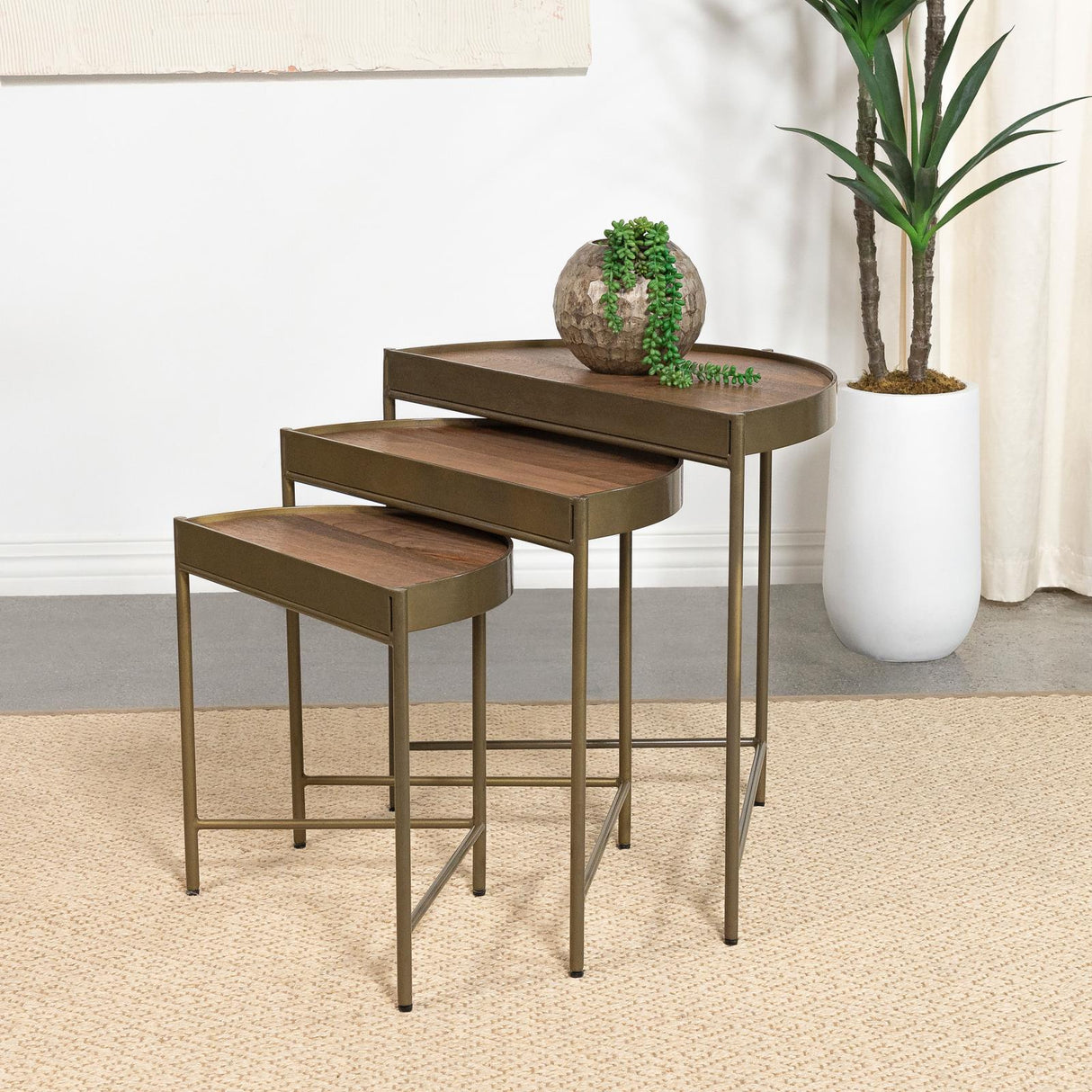 Tristen 3-Piece Demilune Nesting Table With Recessed Top Brown and Gold