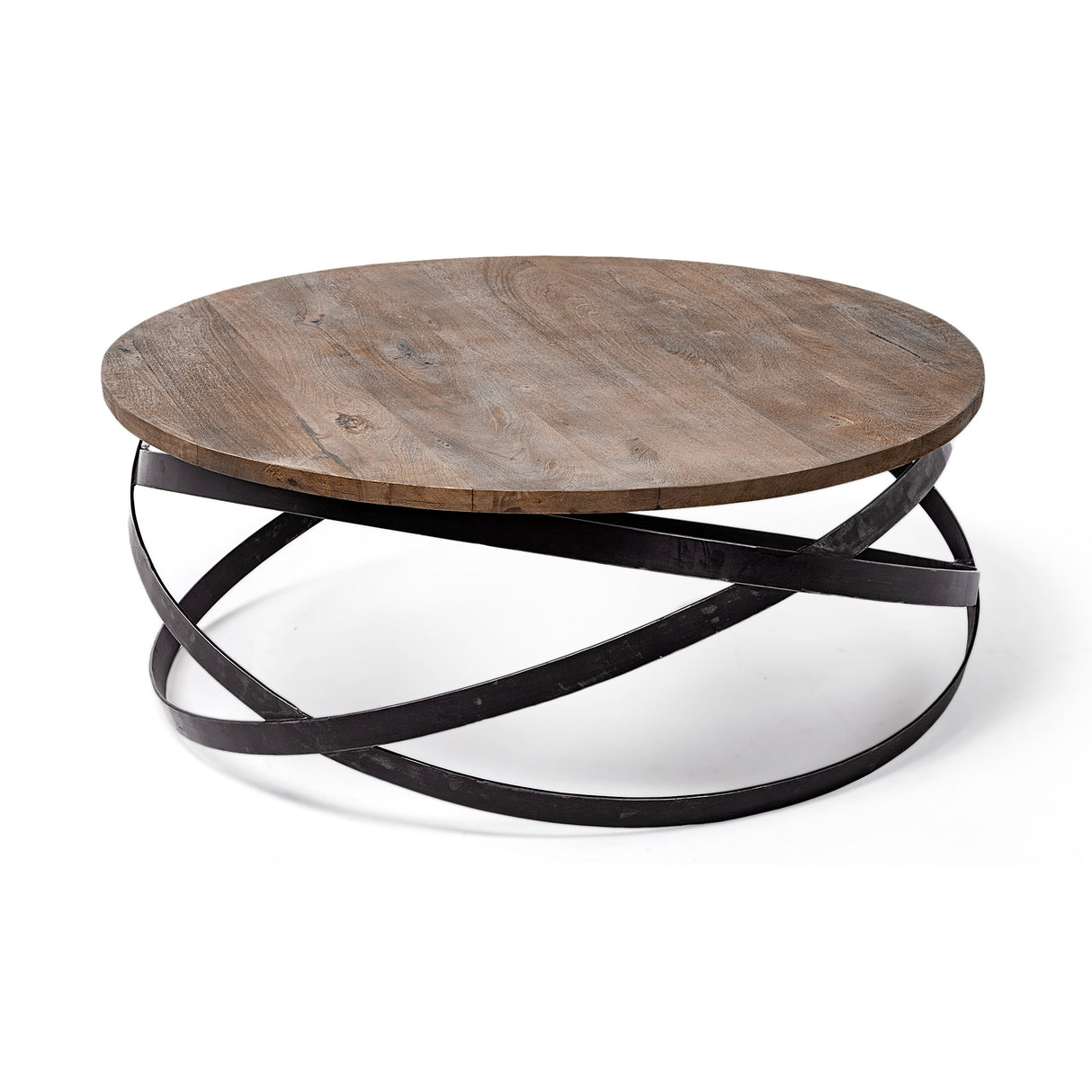 Triumph 40" Round Brown Solid Wood Top Black Metal Base Coffee Table by Mercana at Eve Furniture
