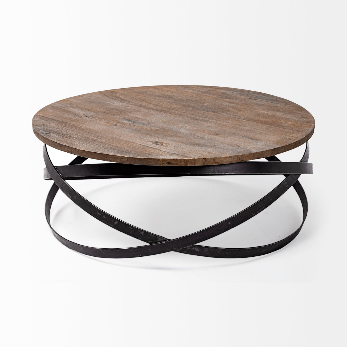 Triumph Round Brown Solid Wood Top Black Metal Base Coffee Table by Mercana at Eve Furniture