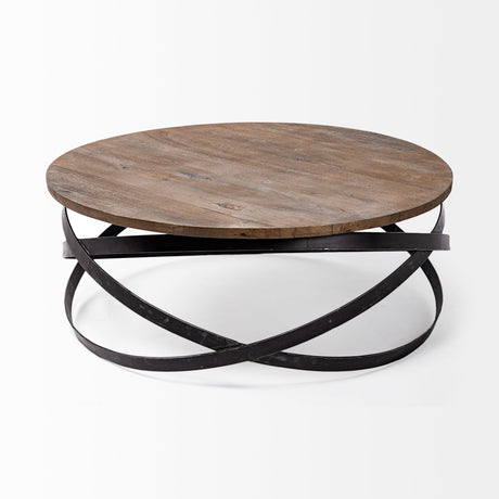 Triumph Round Brown Solid Wood Top Black Metal Base Coffee Table by Mercana at Eve Furniture