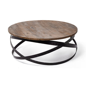 Triumph Round Brown Solid Wood Top Black Metal Base Coffee Table by Mercana at Eve Furniture