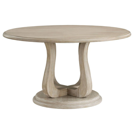 Trofello White Washed Round Dining Table with Curved Pedestal Base by Coaster at Eve Furniture