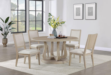 Trofello White Washed Round Dining Table with Curved Pedestal Base by Coaster at Eve Furniture
