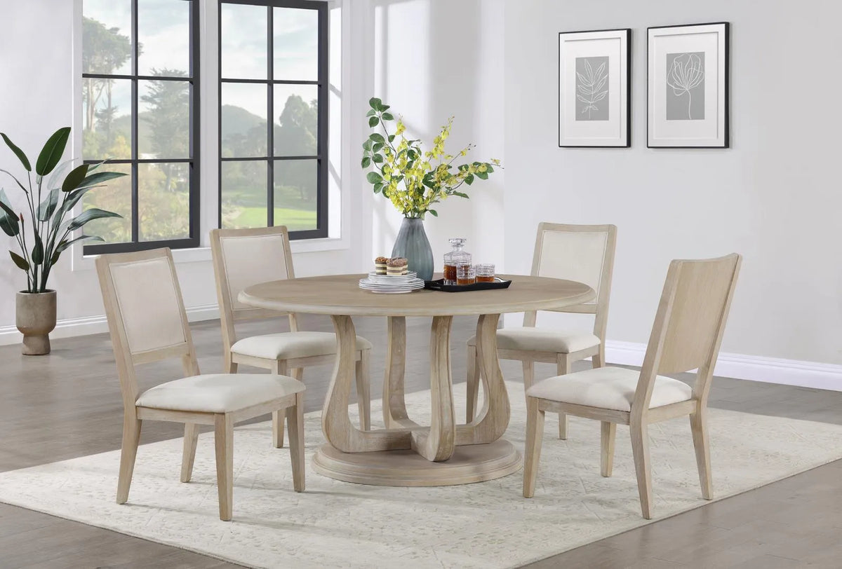 Trofello White Washed Round Dining Table with Curved Pedestal Base by Coaster at Eve Furniture