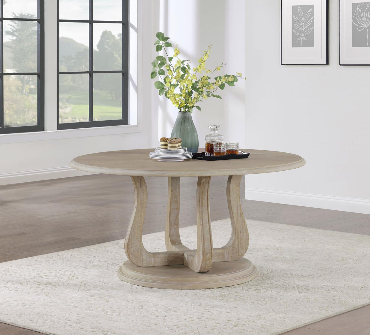Trofello White Washed Round Dining Table with Curved Pedestal Base by Coaster at Eve Furniture