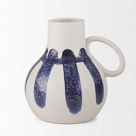 Truett White w/ Blue Stripes Ceramic Jug Vase by Mercana at Eve Furniture