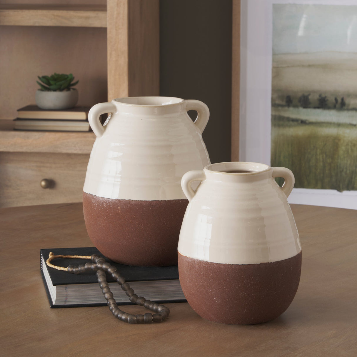 Tryna Large Beige w/ Matte Brown Ceramic Vase by Mercana at Eve Furniture