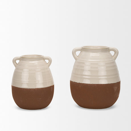 Tryna Large Beige w/ Matte Brown Ceramic Vase by Mercana at Eve Furniture