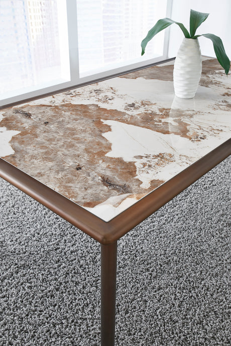Tulum Stone Top Dining Table with Bronze Metal Base by Modus Furniture at Eve Furniture