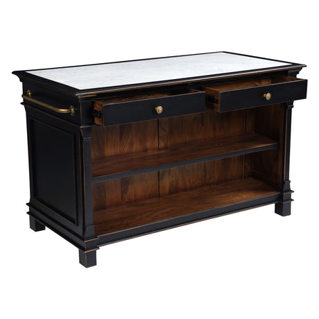 Turin 58" Kitchen Island in Distressed Black with White Marble Top by Home Trends & Design at Eve Furniture