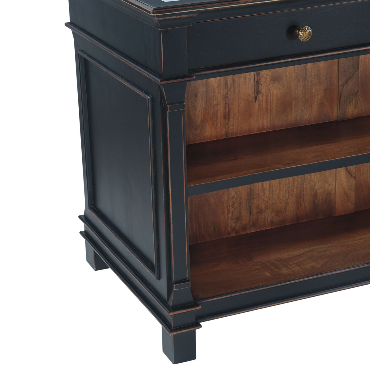 Turin 58" Kitchen Island in Distressed Black with White Marble Top