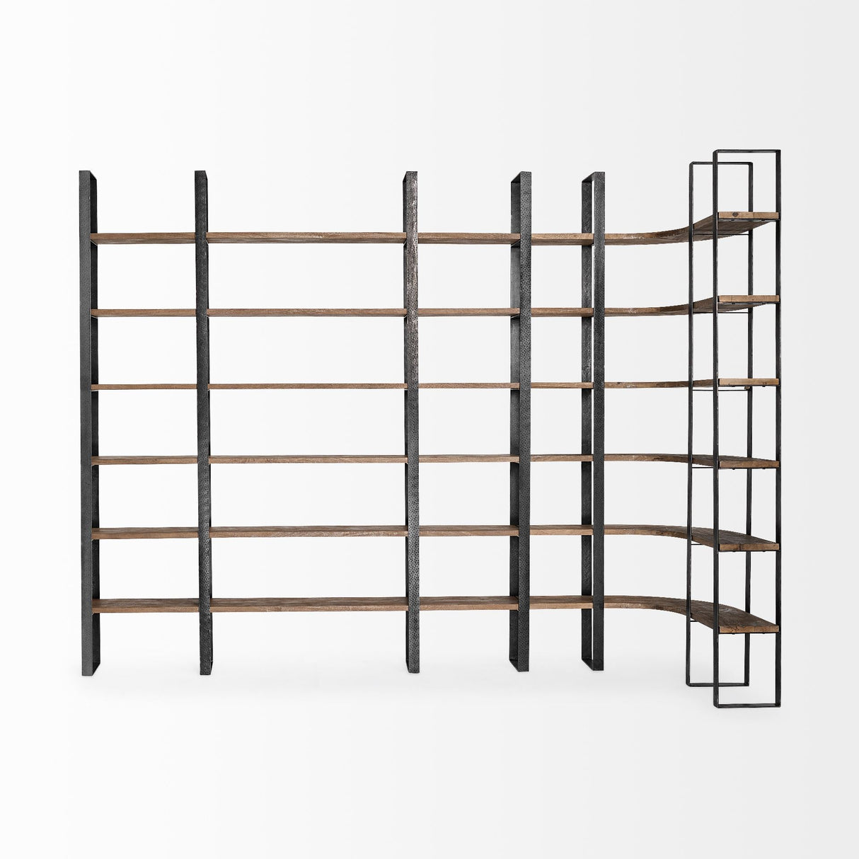 Turner II Curved Dark Brown Wood And Black Iron Six Shelving Unit by Mercana at Eve Furniture