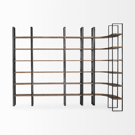 Turner II Curved Dark Brown Wood And Black Iron Six Shelving Unit by Mercana at Eve Furniture