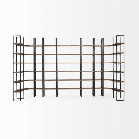 Turner II Curved Dark Brown Wood And Black Iron Six Shelving Unit by Mercana at Eve Furniture
