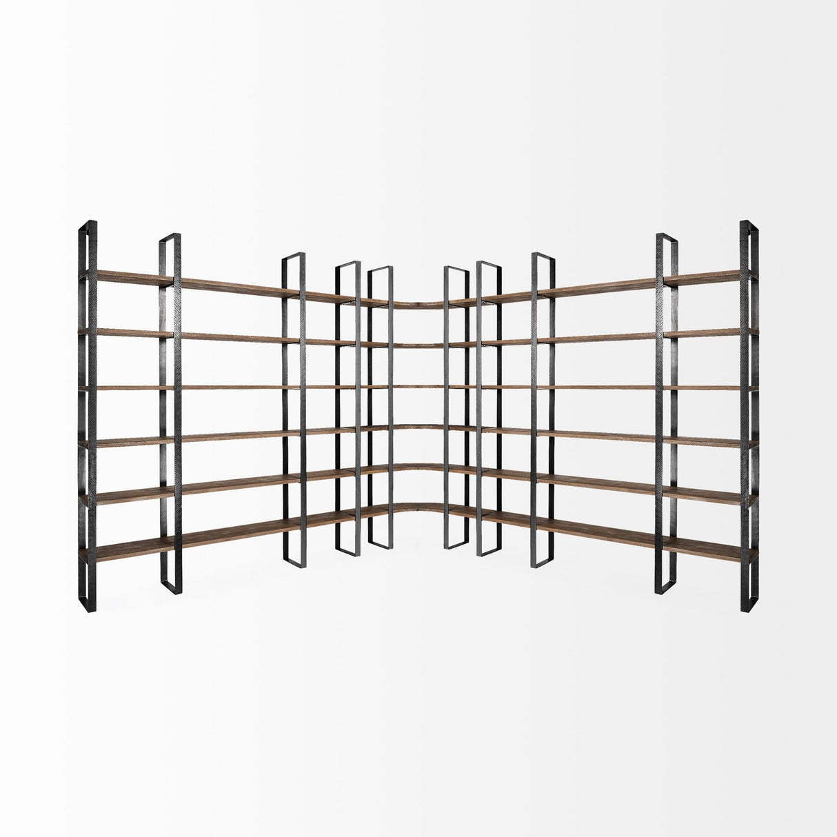 Turner II Curved Dark Brown Wood And Black Iron Six Shelving Unit by Mercana at Eve Furniture