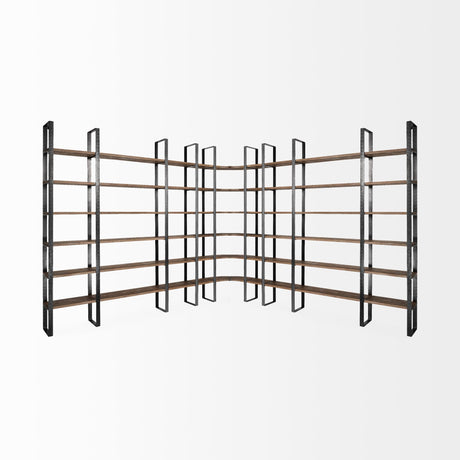 Turner II Curved Dark Brown Wood And Black Iron Six Shelving Unit by Mercana at Eve Furniture