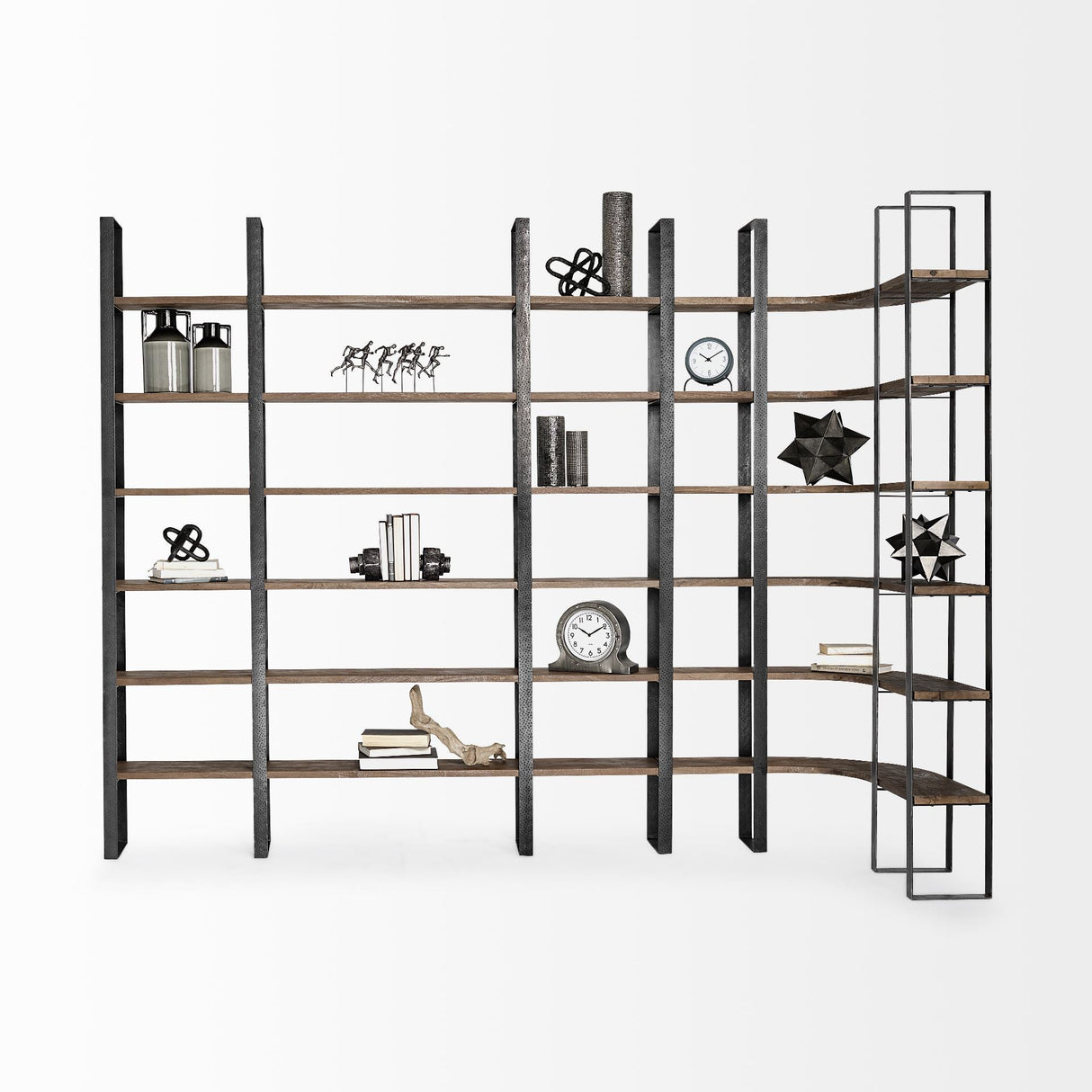 Turner II Curved Dark Brown Wood And Black Iron Six Shelving Unit by Mercana at Eve Furniture