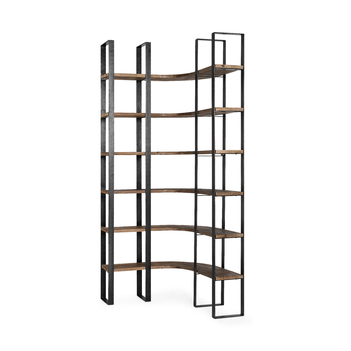 Turner II Curved Dark Brown Wood And Black Iron Six Shelving Unit by Mercana at Eve Furniture