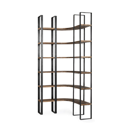 Turner II Curved Dark Brown Wood And Black Iron Six Shelving Unit by Mercana at Eve Furniture