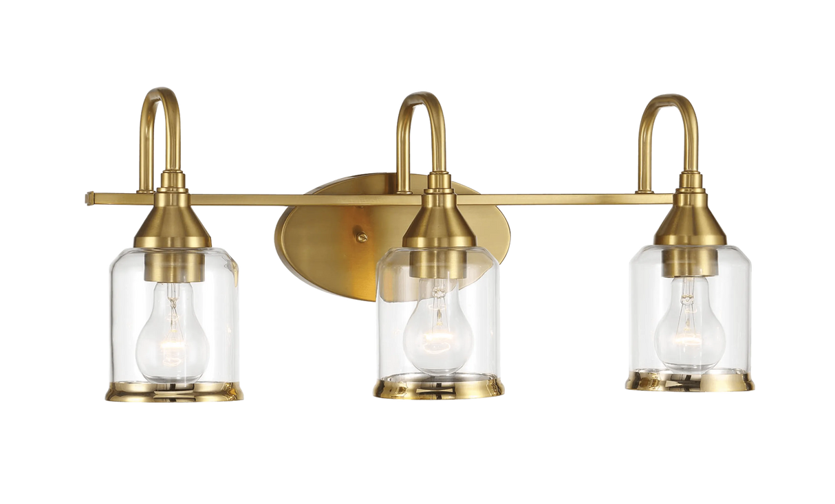 Twilight Three Lights Brushed Gold Contemporary Vanity Light 22"W × 10"H × 7.48"E with Clear Glass by Ashcroft Furniture at Eve Furniture