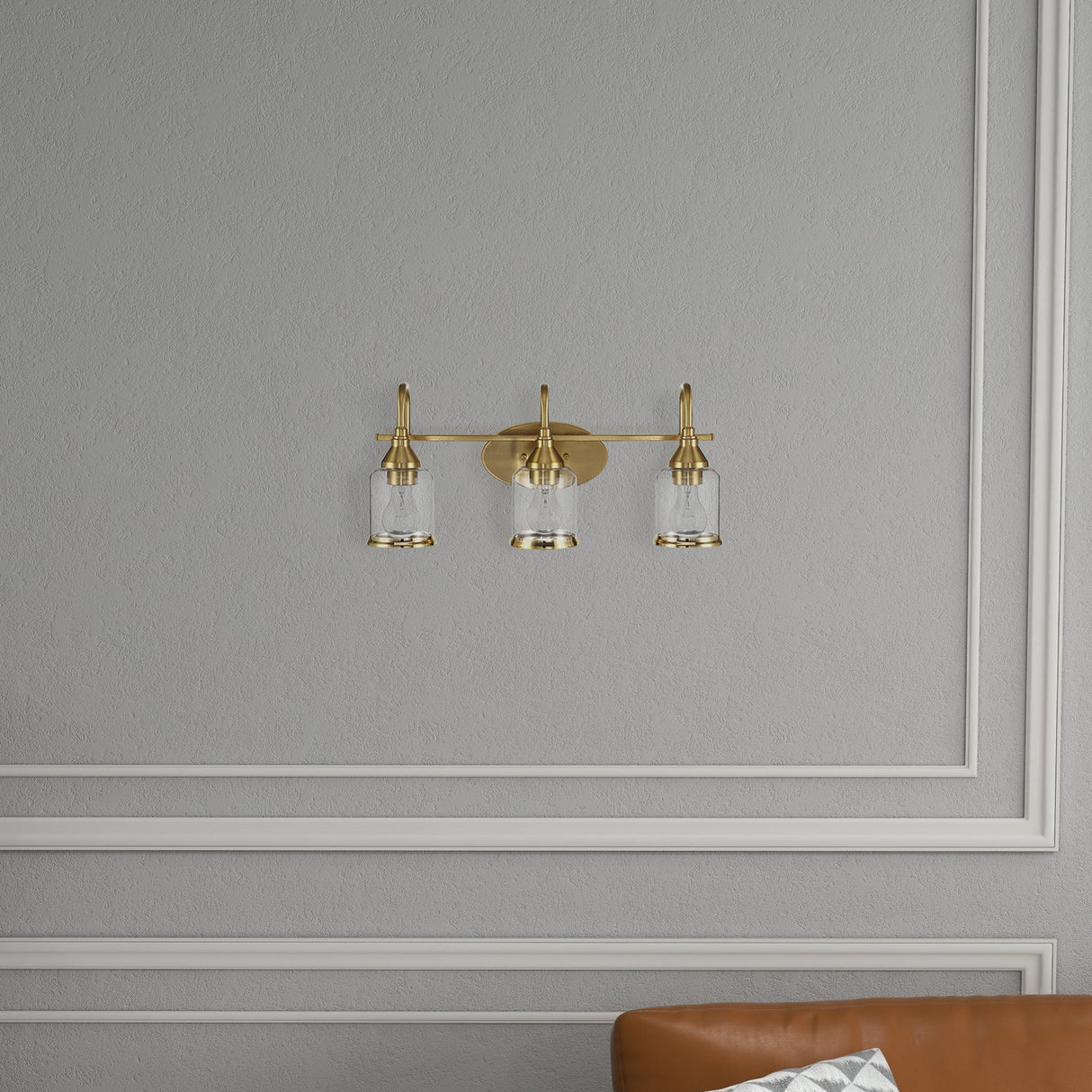 Twilight Three Lights Brushed Gold Contemporary Vanity Light 22"W × 10"H × 7.48"E with Clear Glass by Ashcroft Furniture at Eve Furniture