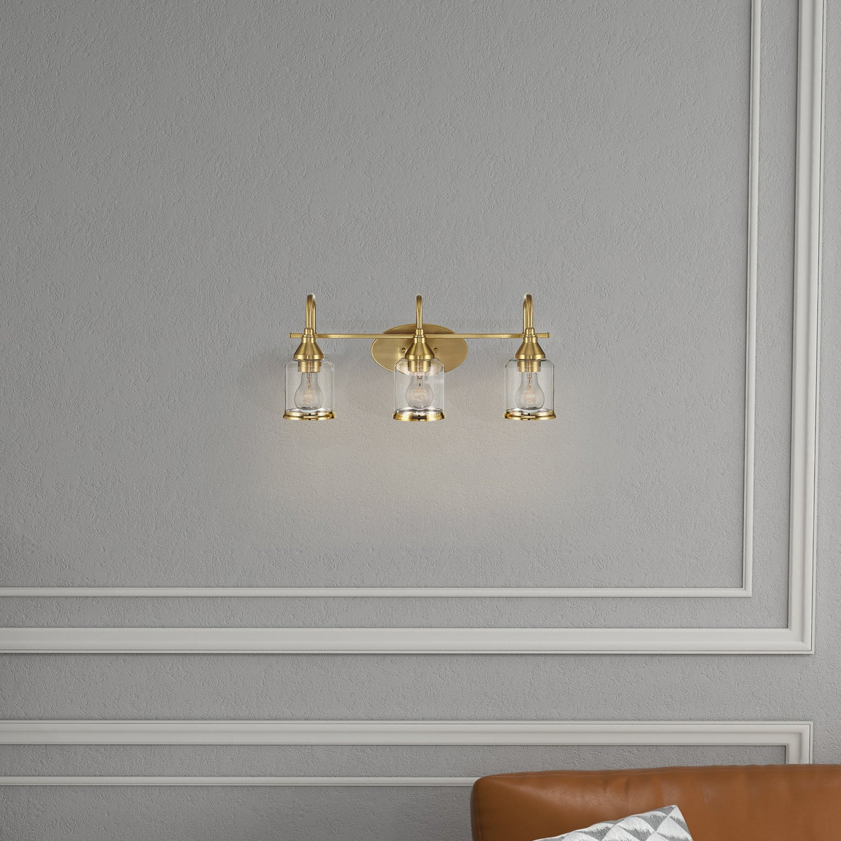 Twilight Three Lights Brushed Gold Contemporary Vanity Light 22"W × 10"H × 7.48"E with Clear Glass by Ashcroft Furniture at Eve Furniture