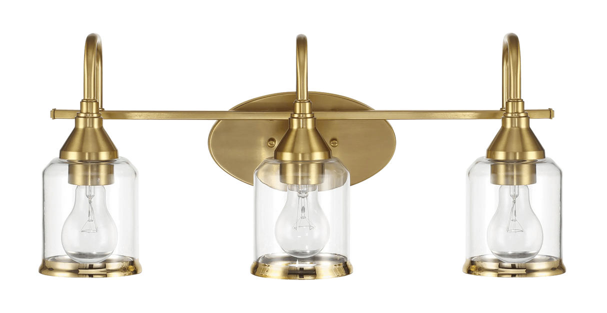 Twilight Three Lights Brushed Gold Contemporary Vanity Light 22"W × 10"H × 7.48"E with Clear Glass by Ashcroft Furniture at Eve Furniture