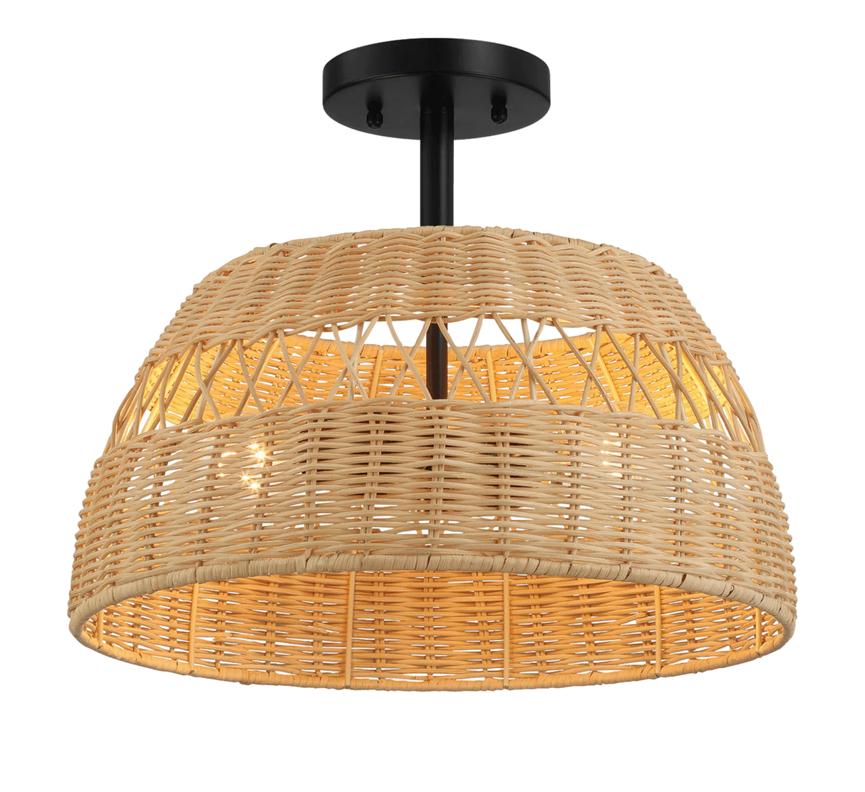 Twinkle Double Lights Semi Flush With Rattan Shade Black Metal Finish for Farmhouse Style by Ashcroft Furniture at Eve Furniture