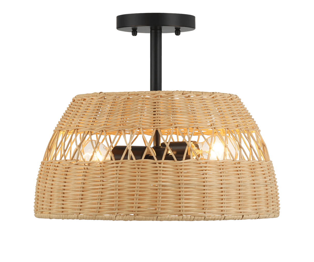 Twinkle Double Lights Semi Flush With Rattan Shade Black Metal Finish for Farmhouse Style by Ashcroft Furniture at Eve Furniture