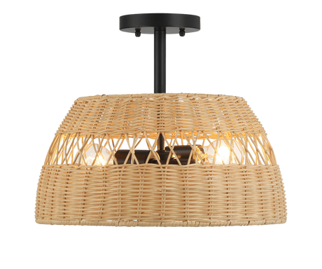 Twinkle Double Lights Semi Flush With Rattan Shade Black Metal Finish for Farmhouse Style by Ashcroft Furniture at Eve Furniture