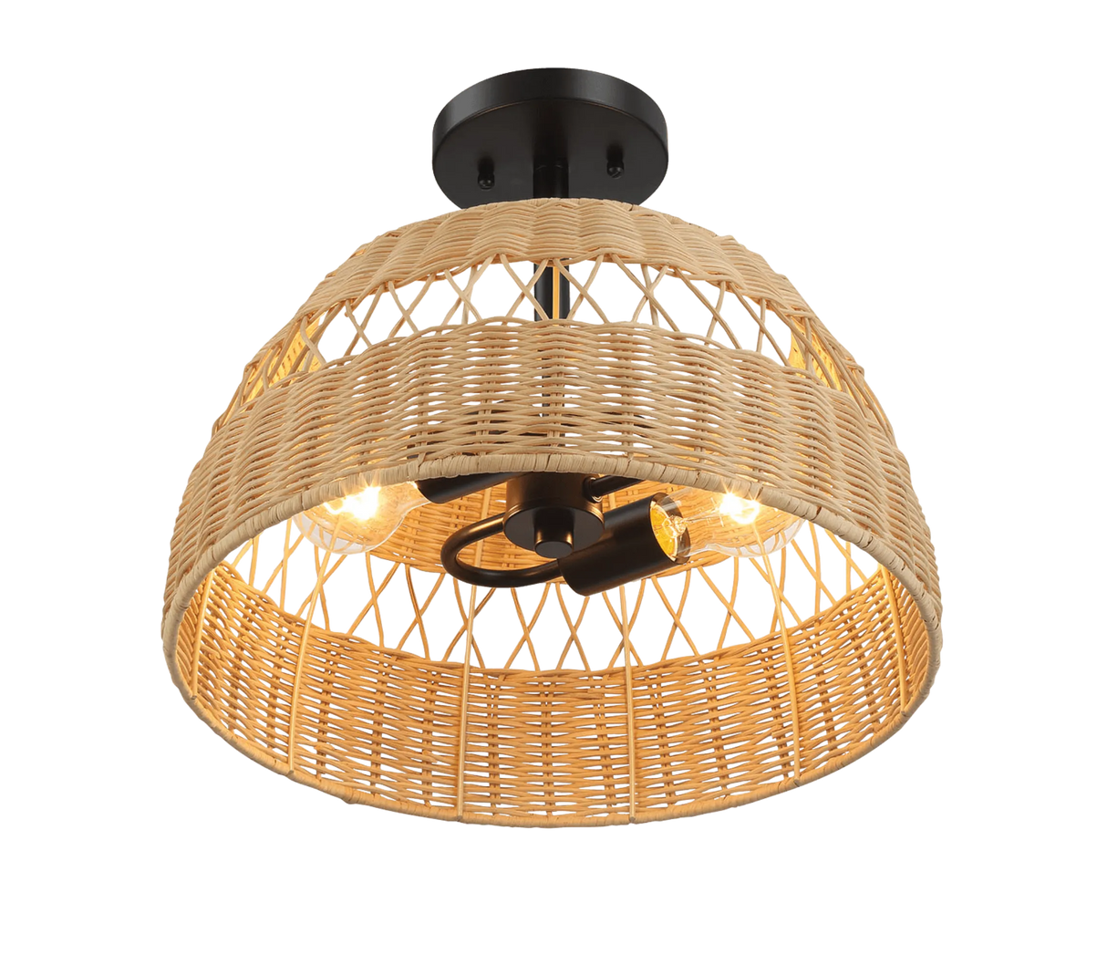 Twinkle Double Lights Semi Flush With Rattan Shade Black Metal Finish for Farmhouse Style by Ashcroft Furniture at Eve Furniture