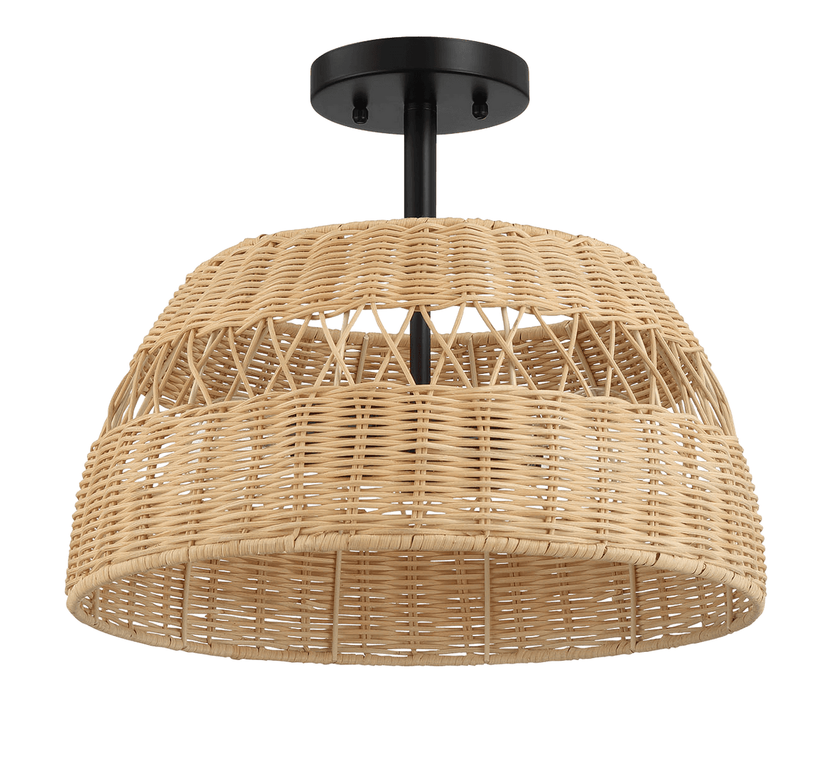 Twinkle Double Lights Semi Flush With Rattan Shade Black Metal Finish for Farmhouse Style