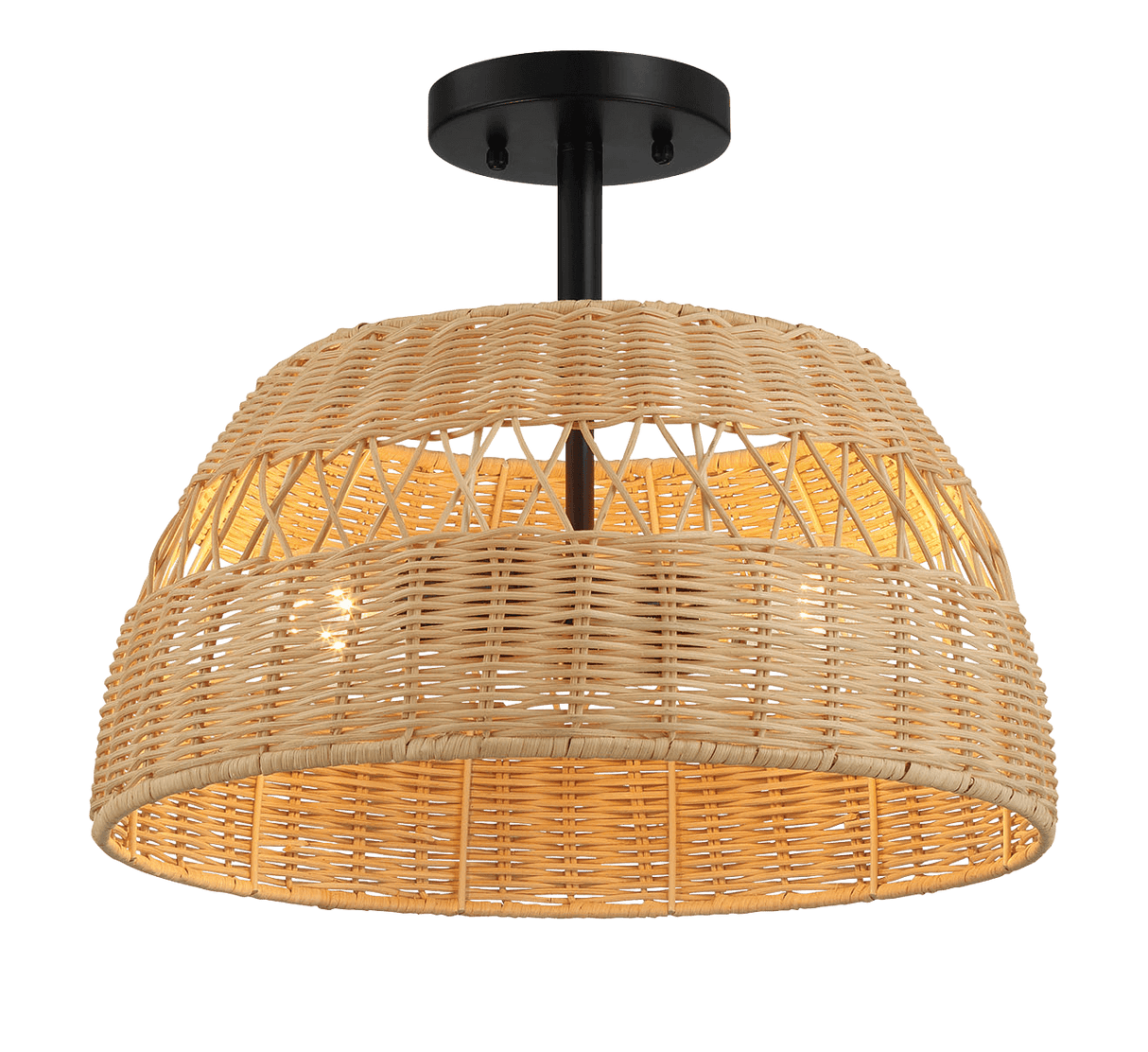 Twinkle Double Lights Semi Flush With Rattan Shade Black Metal Finish for Farmhouse Style