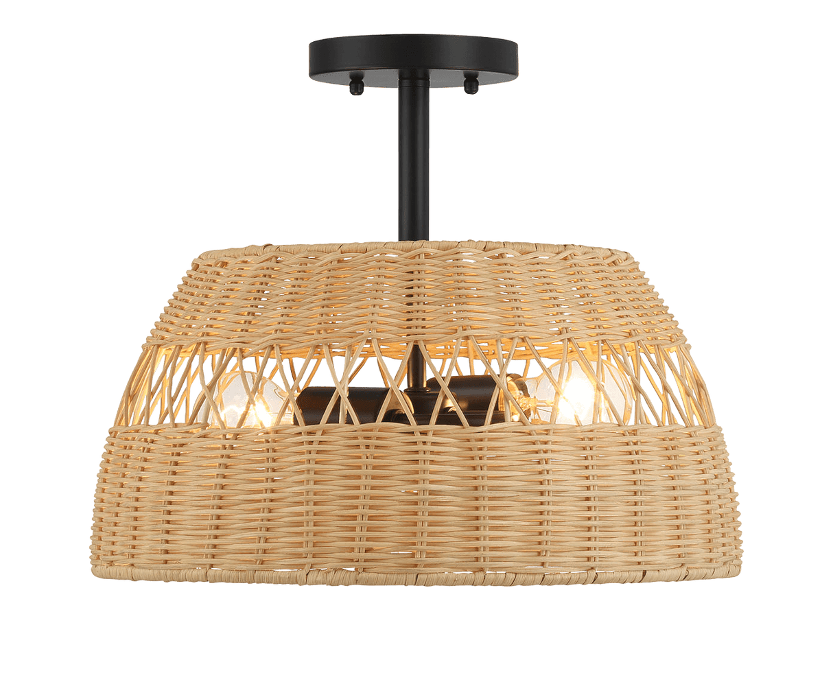 Twinkle Double Lights Semi Flush With Rattan Shade Black Metal Finish for Farmhouse Style