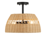 Twinkle Double Lights Semi Flush With Rattan Shade Black Metal Finish for Farmhouse Style