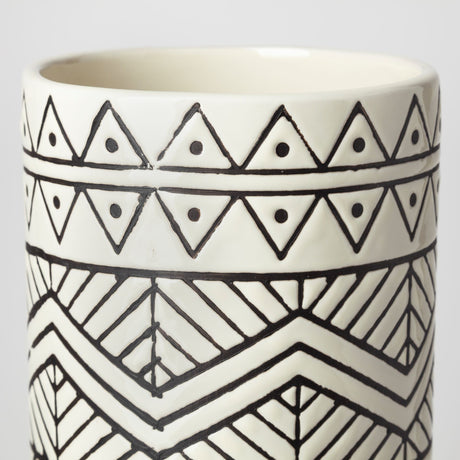 Uhura II Large Cream Black Patterned Cylindrical Ceramic Vase by Mercana at Eve Furniture