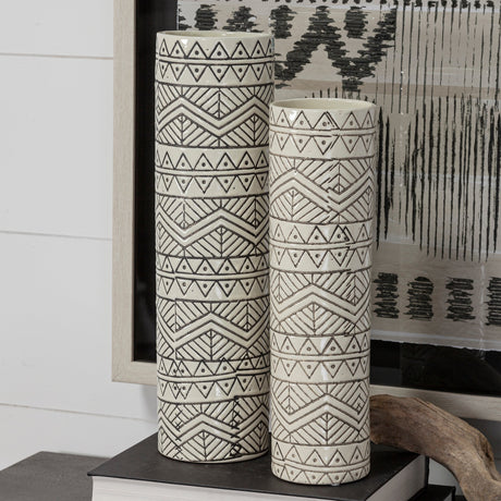 Uhura II Large Cream Black Patterned Cylindrical Ceramic Vase by Mercana at Eve Furniture