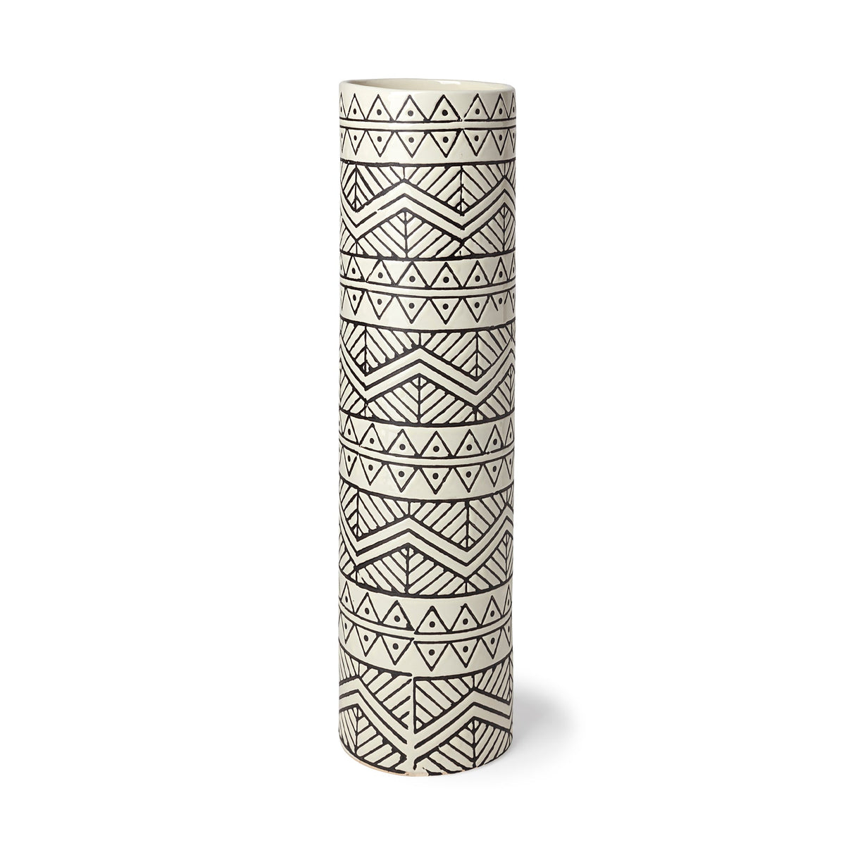 Uhura II Large Cream Black Patterned Cylindrical Ceramic Vase by Mercana at Eve Furniture