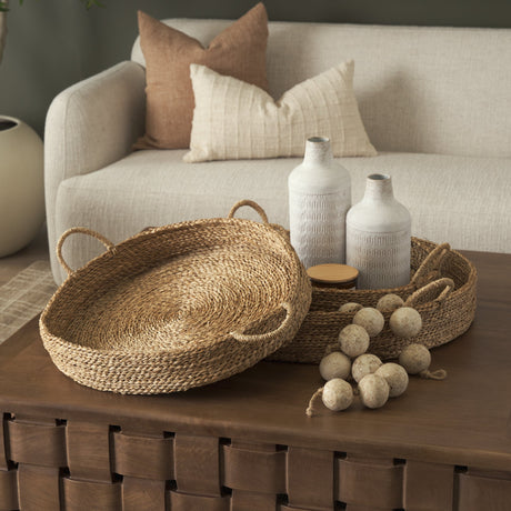 Ulana Set of 3 Round Nesting Seagrass Trays w/ Loop Handles by Mercana at Eve Furniture