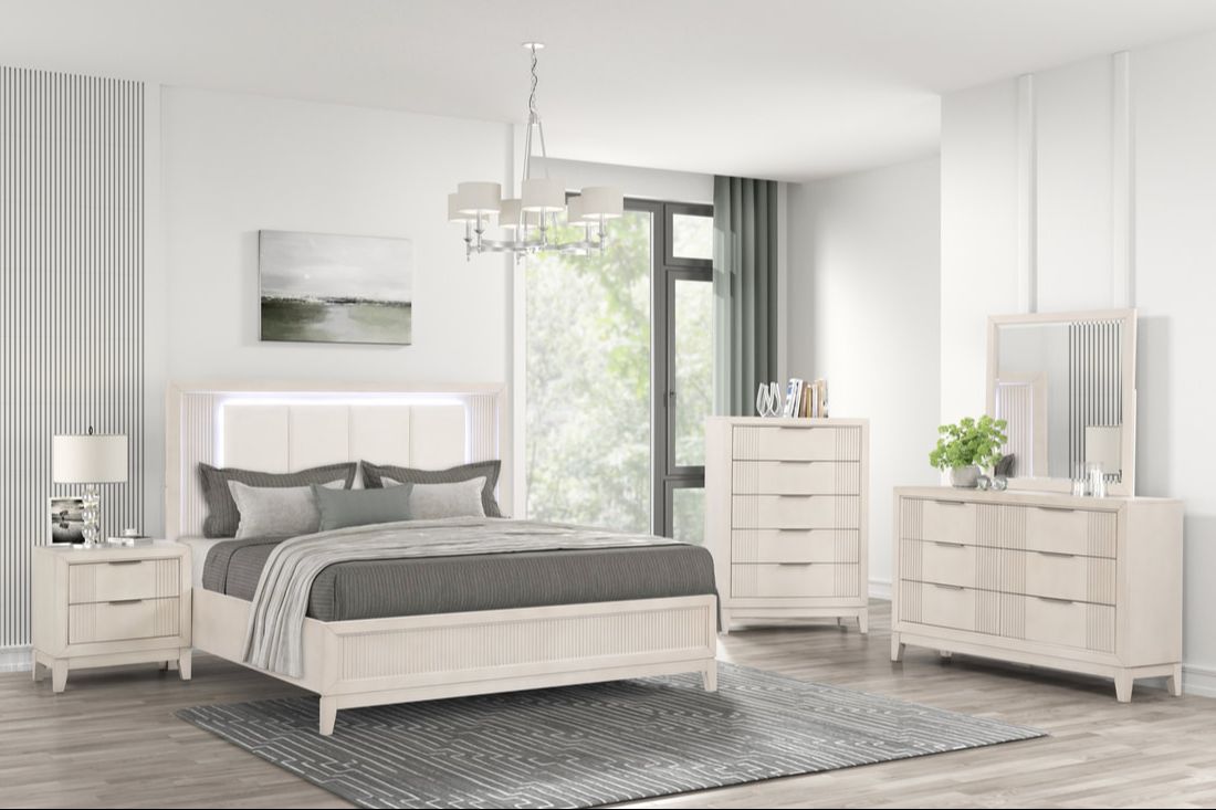 Uptown Beige/Cream LED Bedroom Set - Queen 4pcs ( Bed | Dresser | Mirror