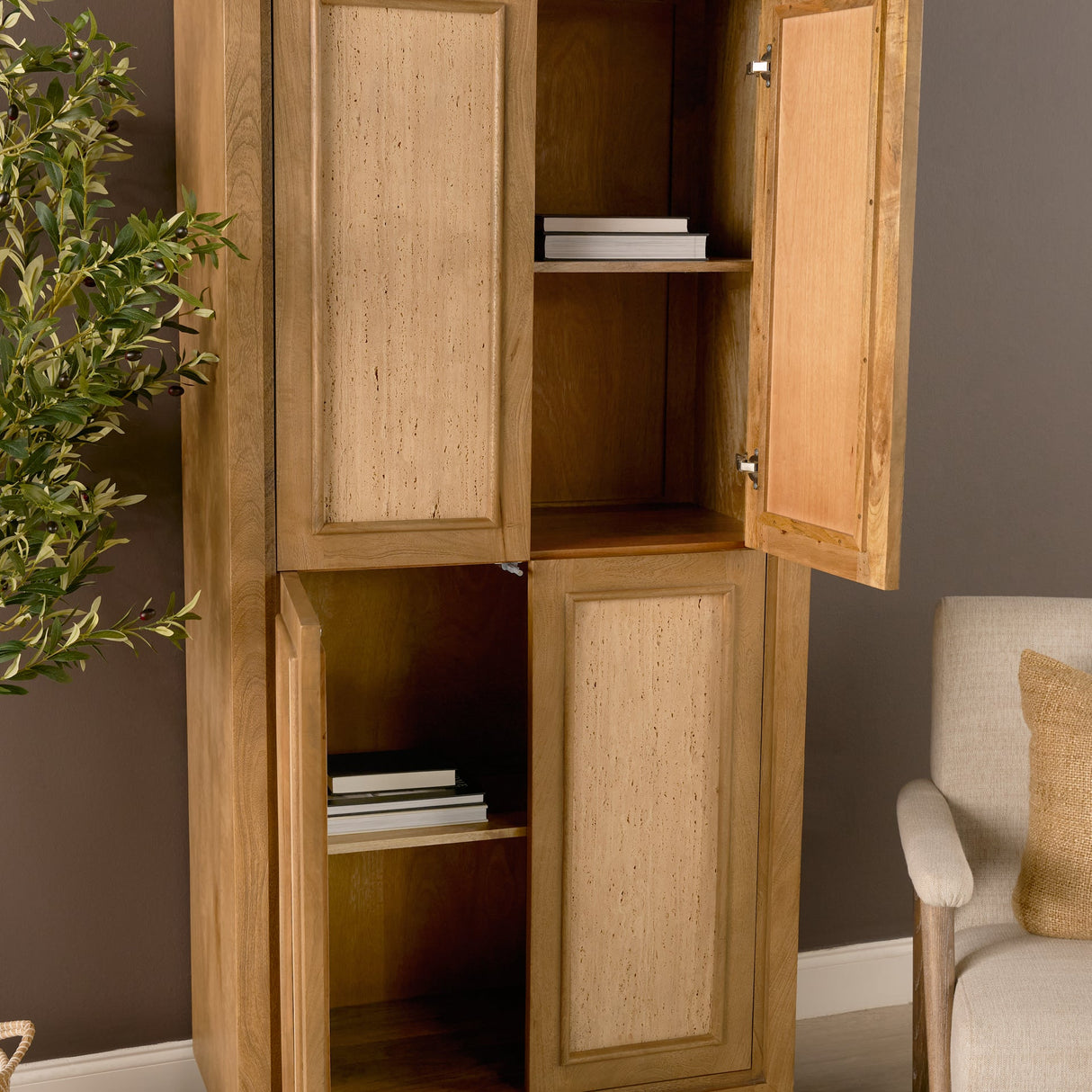 Valterra Light Brown Wood w/ Travertine 4 Door Tall Cabinet by Mercana at Eve Furniture