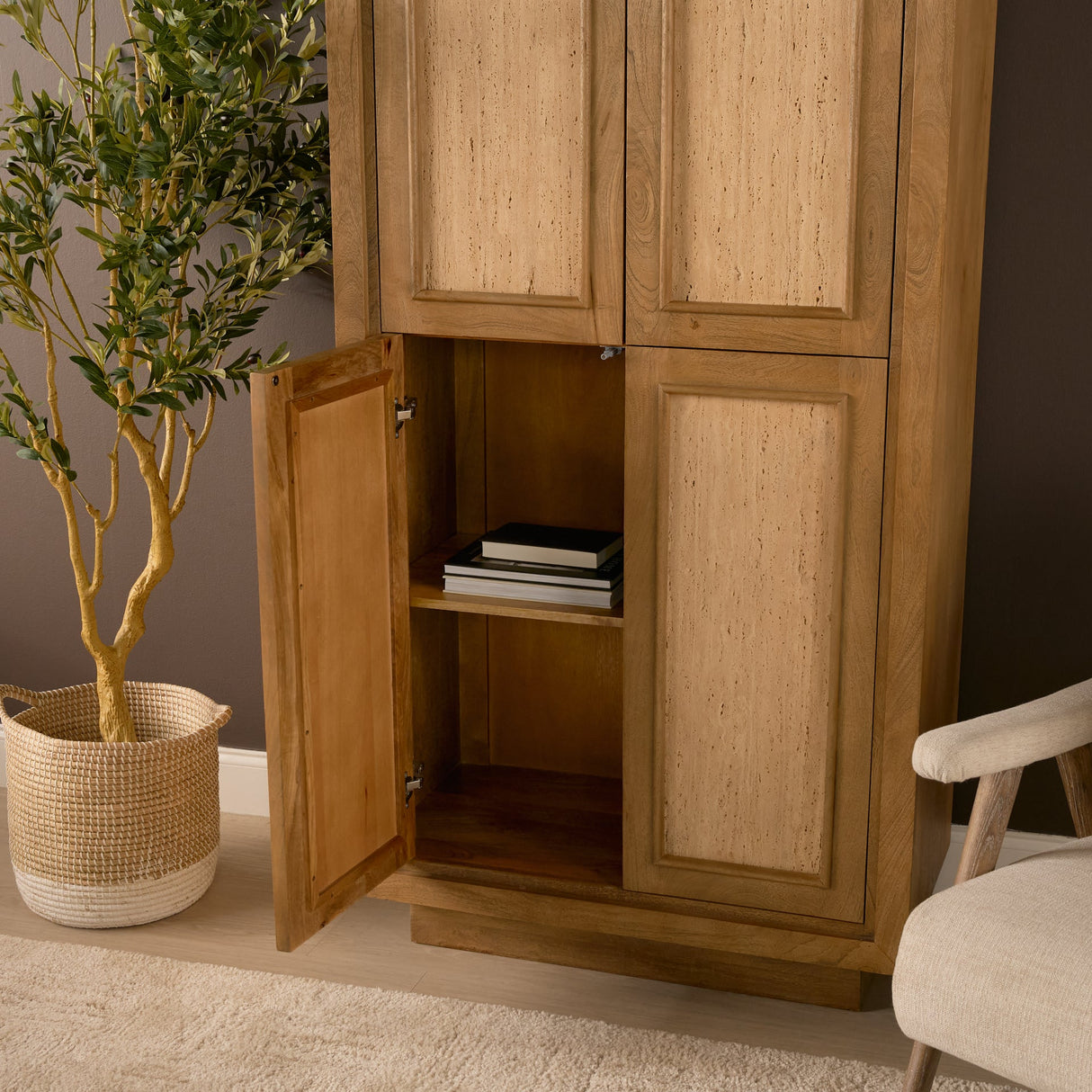 Valterra Light Brown Wood w/ Travertine 4 Door Tall Cabinet by Mercana at Eve Furniture