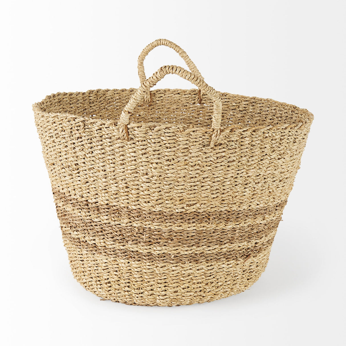 Vance Light Brown Palm Leaf and Seagrass Round Basket W/ Handles by Mercana at Eve Furniture