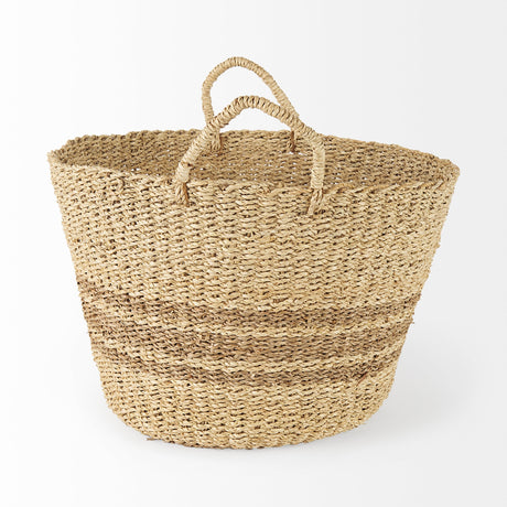 Vance Light Brown Palm Leaf and Seagrass Round Basket W/ Handles by Mercana at Eve Furniture