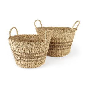 Vance Light Brown Palm Leaf and Seagrass Round Basket W/ Handles by Mercana at Eve Furniture