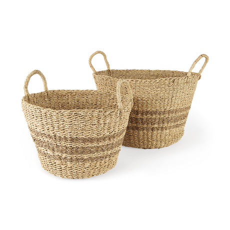 Vance Light Brown Palm Leaf and Seagrass Round Basket W/ Handles by Mercana at Eve Furniture